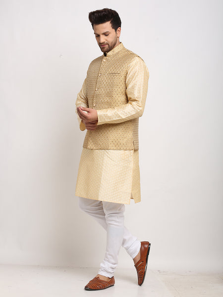 Treemoda Ethnic Brocade Beige Kurta Pajama With Brocade Golden Nehru Jacket For Men