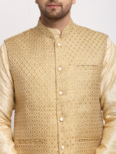 Treemoda Ethnic Brocade Beige Kurta Pajama With Brocade Golden Nehru Jacket For Men