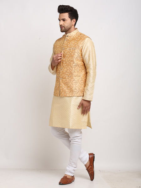 Treemoda Ethnic Brocade Beige Kurta Pajama With Rose Gold Nehru Jacket For Men