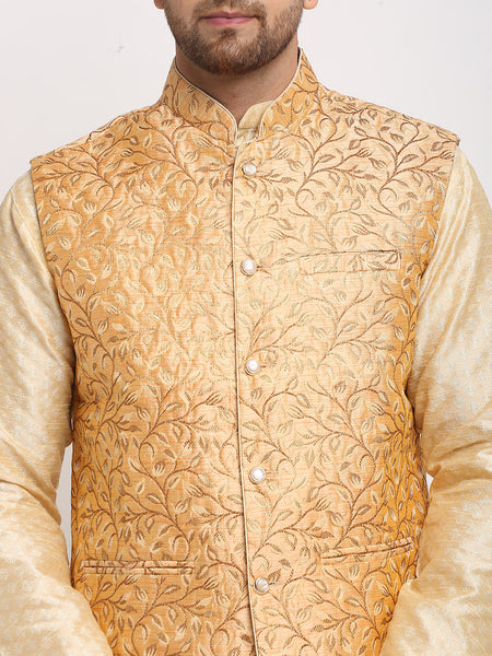 Treemoda Ethnic Brocade Beige Kurta Pajama With Rose Gold Nehru Jacket For Men