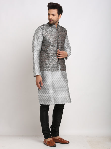 Treemoda Ethnic Brocade Grey Kurta Pajama With BlackGrey Nehru Jacket For Men