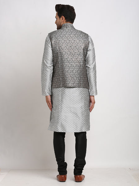 Treemoda Ethnic Brocade Grey Kurta Pajama With BlackGrey Nehru Jacket For Men