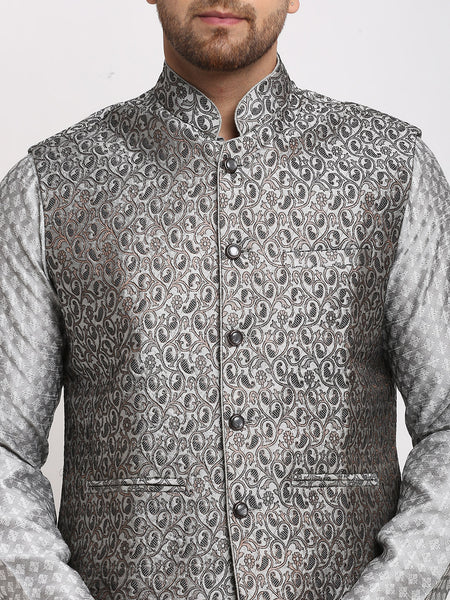 Treemoda Ethnic Brocade Grey Kurta Pajama With BlackGrey Nehru Jacket For Men