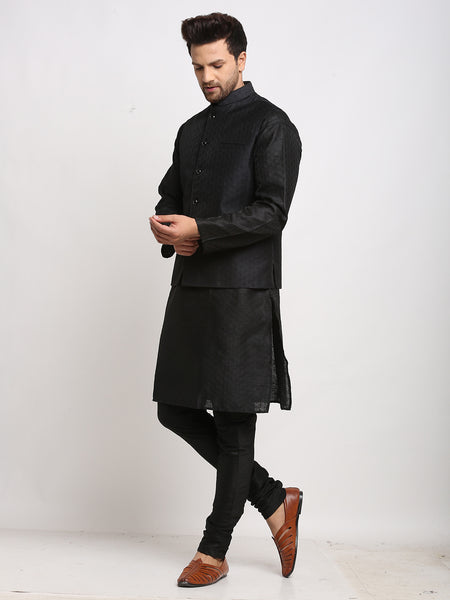 Treemoda Ethnic Brocade Black Kurta Pajama With Black Nehru Jacket For Men