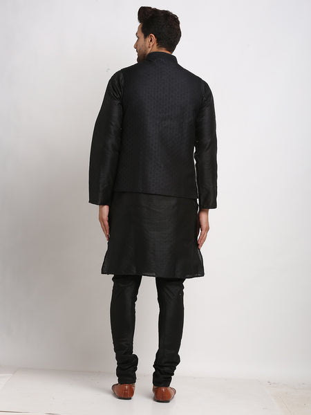 Treemoda Ethnic Brocade Black Kurta Pajama With Black Nehru Jacket For Men