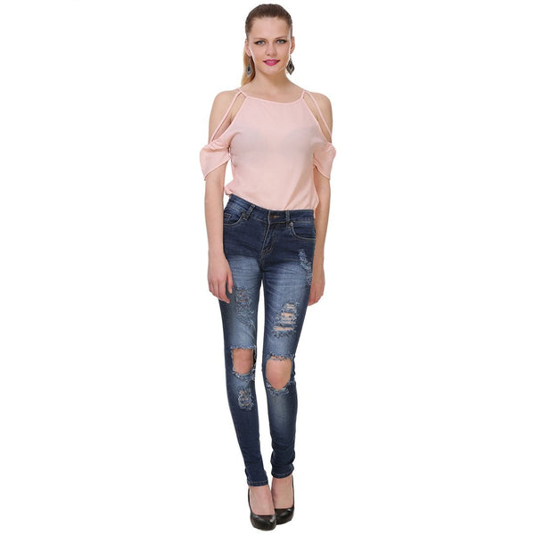 Women's Skinny Fit Mid-Rise Light Fade High Distress Streachable Jeans