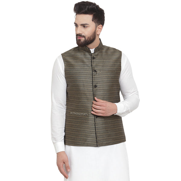 Treemoda New Designer Men Black And Golden Brocade Nehru Jacket For Men