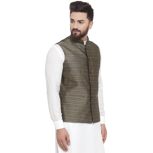 Treemoda New Designer Men Black And Golden Brocade Nehru Jacket For Men