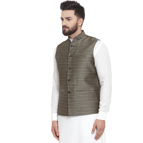 Treemoda New Designer Men Black And Golden Brocade Nehru Jacket For Men