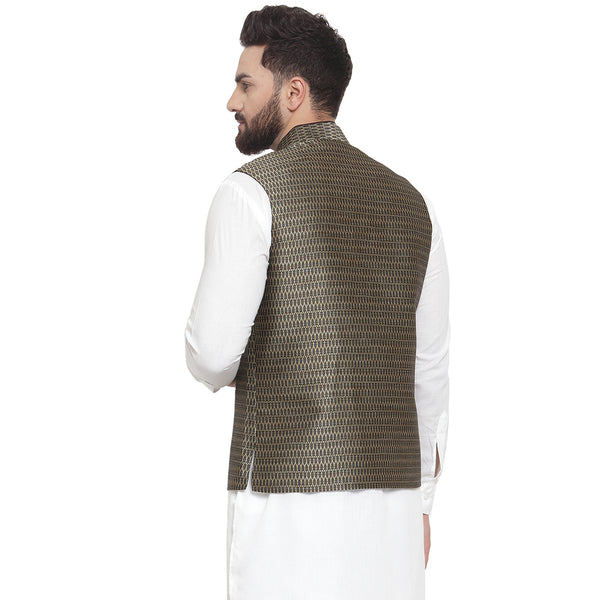 Treemoda New Designer Men Black And Golden Brocade Nehru Jacket For Men