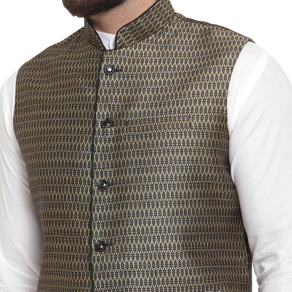 Treemoda New Designer Men Black And Golden Brocade Nehru Jacket For Men