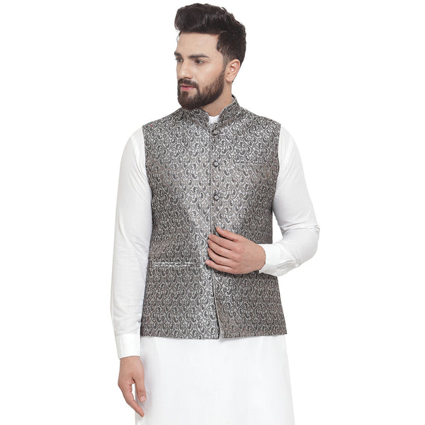 Treemoda New Designer Men Black And Grey Brocade Nehru Jacket For Men