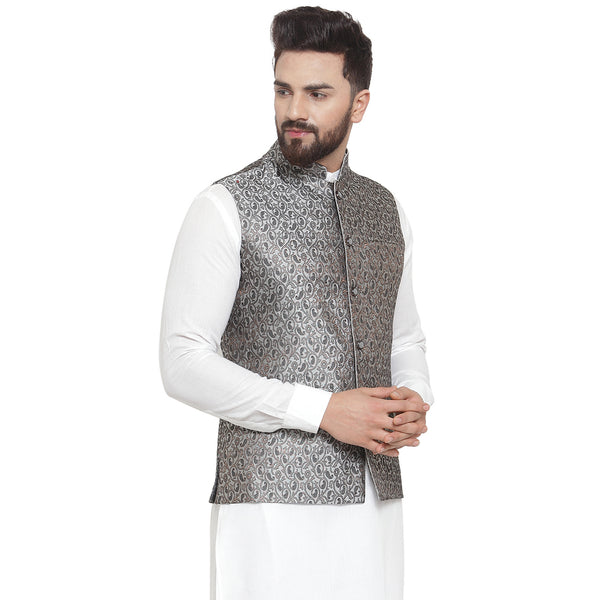 Treemoda New Designer Men Black And Grey Brocade Nehru Jacket For Men