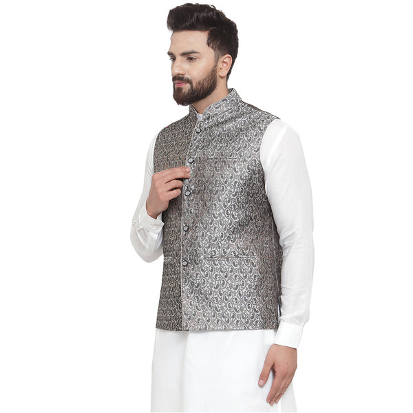 Treemoda New Designer Men Black And Grey Brocade Nehru Jacket For Men