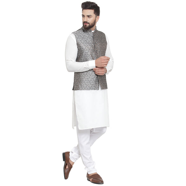 Treemoda New Designer Men Black And Grey Brocade Nehru Jacket For Men