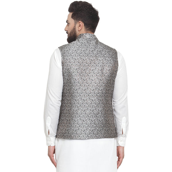 Treemoda New Designer Men Black And Grey Brocade Nehru Jacket For Men