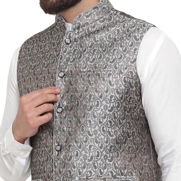 Treemoda New Designer Men Black And Grey Brocade Nehru Jacket For Men