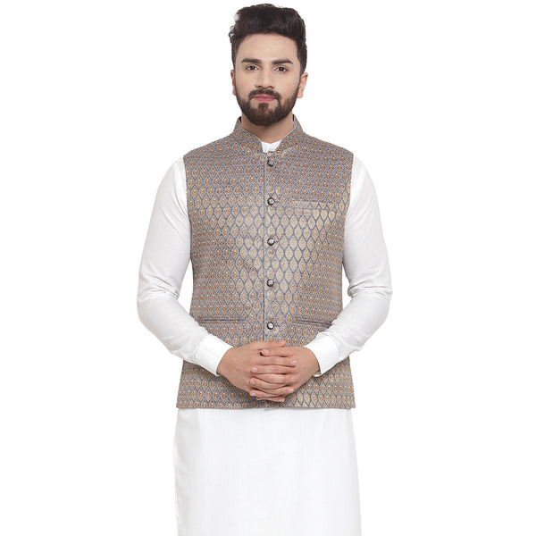 Treemoda New Designer Men Blue And Golden Brocade Nehru Jacket For Men