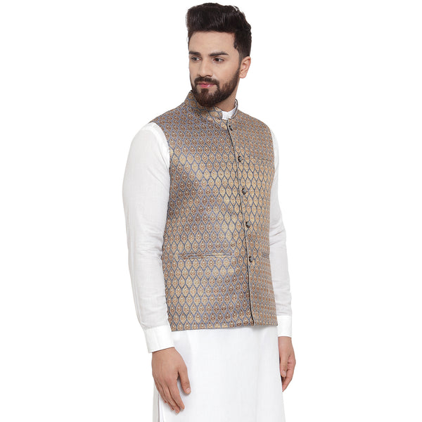 Treemoda New Designer Men Blue And Golden Brocade Nehru Jacket For Men