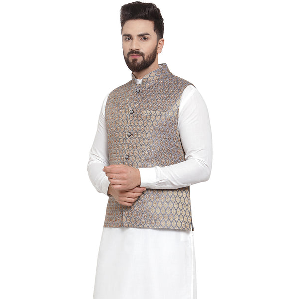 Treemoda New Designer Men Blue And Golden Brocade Nehru Jacket For Men