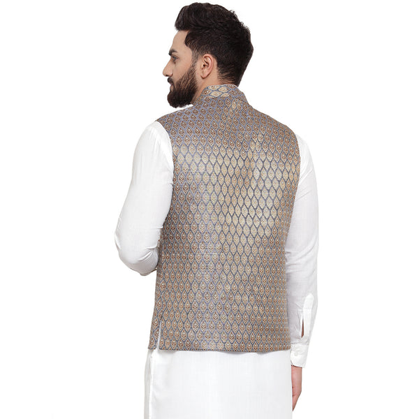 Treemoda New Designer Men Blue And Golden Brocade Nehru Jacket For Men