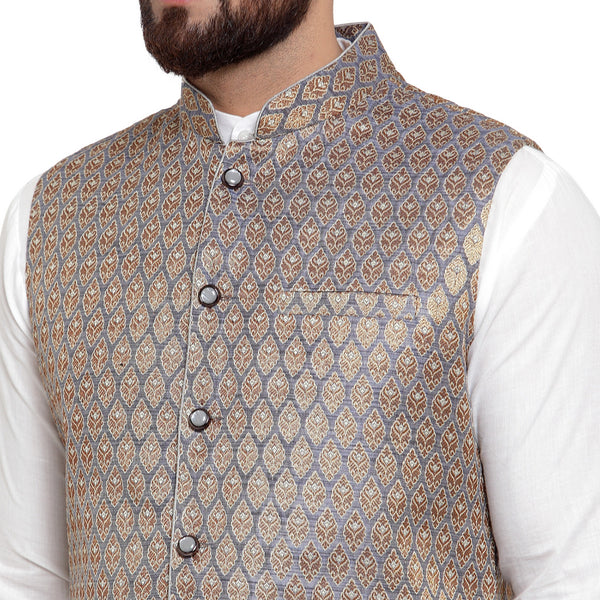 Treemoda New Designer Men Blue And Golden Brocade Nehru Jacket For Men