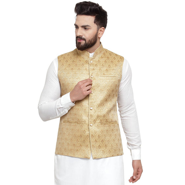 New Designer Men Golden Brocade Nehru Jacket By Treemoda