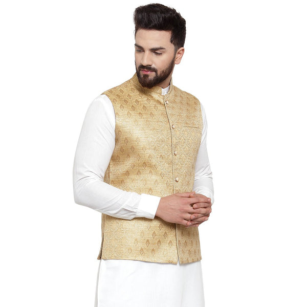 New Designer Men Golden Brocade Nehru Jacket By Treemoda