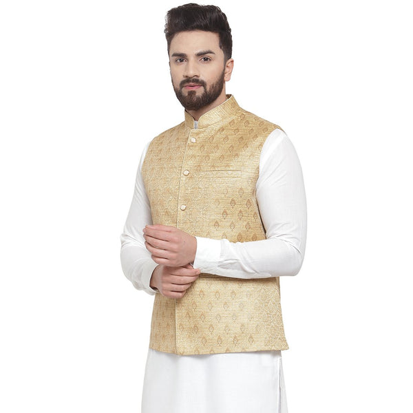 New Designer Men Golden Brocade Nehru Jacket By Treemoda