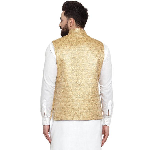 New Designer Men Golden Brocade Nehru Jacket By Treemoda