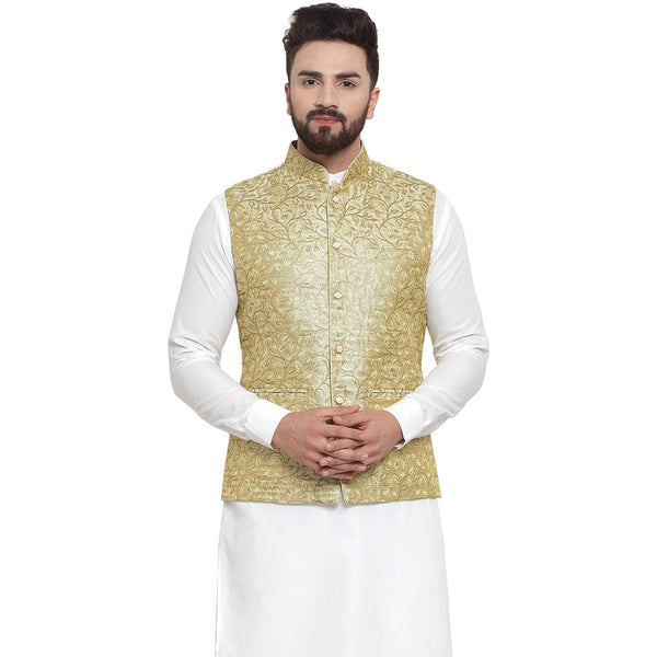New Designer Men Green Brocade Nehru Jacket By Treemoda