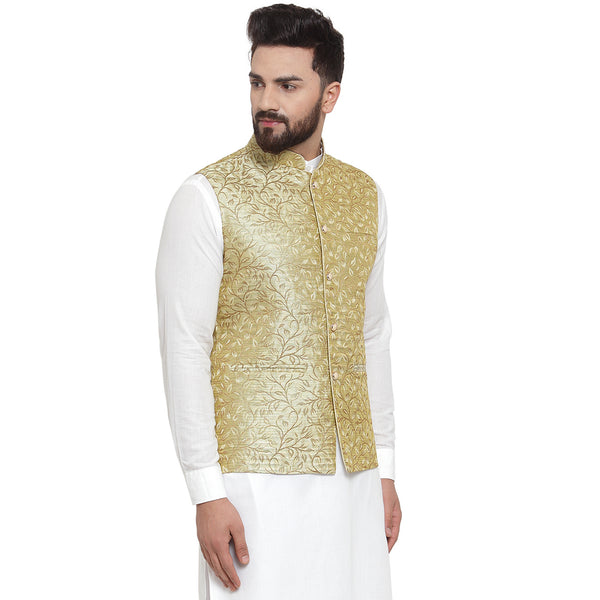 New Designer Men Green Brocade Nehru Jacket By Treemoda