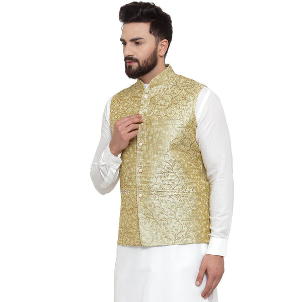 New Designer Men Green Brocade Nehru Jacket By Treemoda