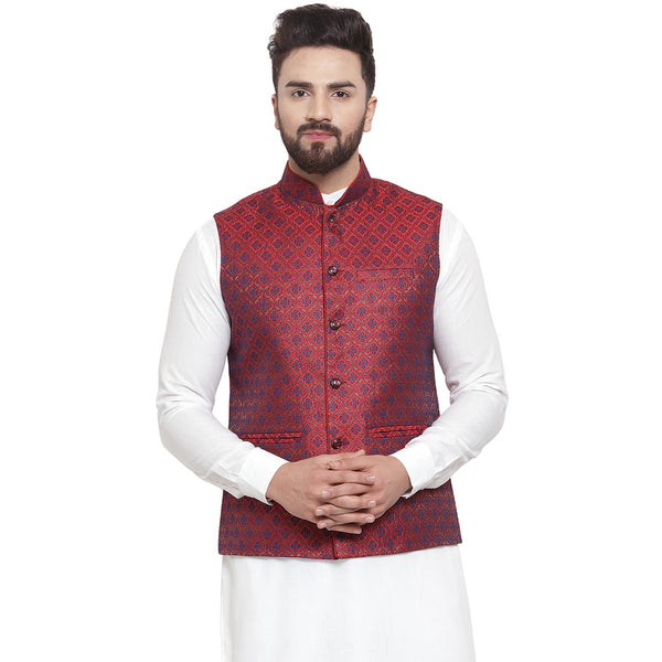Treemoda New Designer Men Maroon Brocade Nehru Jacket For Men