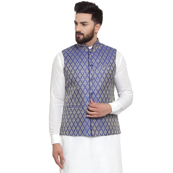 Treemoda New Designer Men Blue Brocade Nehru Jacket For Men