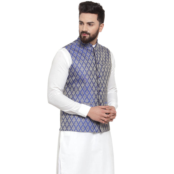 Treemoda New Designer Men Blue Brocade Nehru Jacket For Men