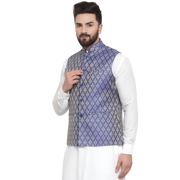 Treemoda New Designer Men Blue Brocade Nehru Jacket For Men