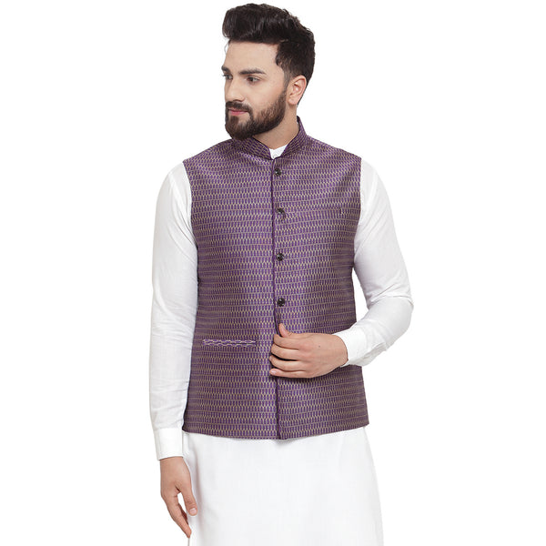 New Designer Men Violet Brocade Nehru Jacket By Treemoda