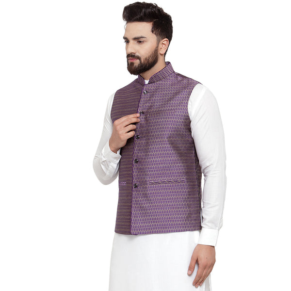 New Designer Men Violet Brocade Nehru Jacket By Treemoda
