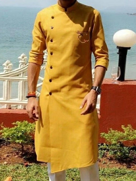Designer Mustard Yellow Kurta With Churidar Pajama Set For Men By Treemoda