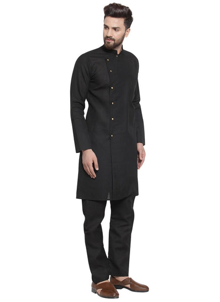 Black Kurta With Aligarh Pajama Set in Linen for men by Treemoda