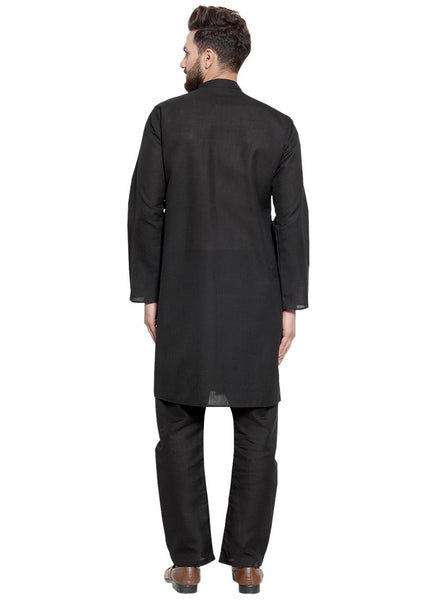 Black Kurta With Aligarh Pajama Set in Linen for men by Treemoda