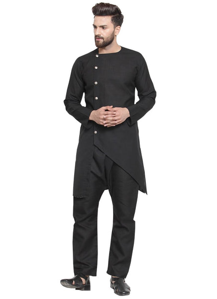 Black Kurta With Aligarh Pajama Set in Linen For Men by Treemoda
