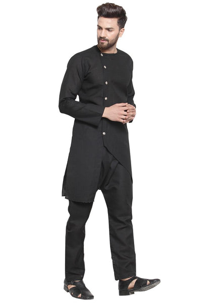 Black Kurta With Aligarh Pajama Set in Linen For Men by Treemoda