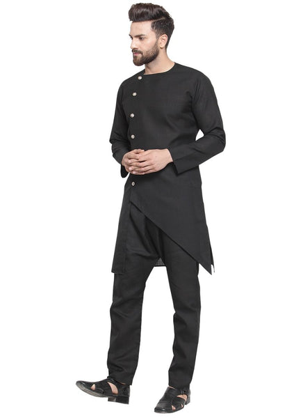Black Kurta With Aligarh Pajama Set in Linen For Men by Treemoda