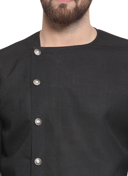 Black Kurta With Aligarh Pajama Set in Linen For Men by Treemoda