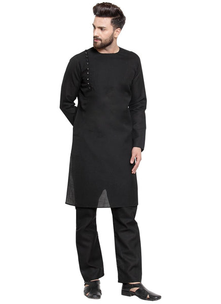 Black Kurta With Aligarh Pajama Set in Linen For Men by Treemoda