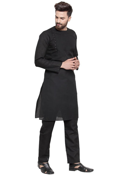 Black Kurta With Aligarh Pajama Set in Linen For Men by Treemoda