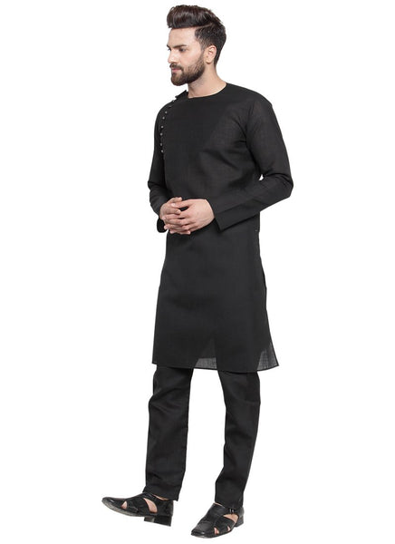 Black Kurta With Aligarh Pajama Set in Linen For Men by Treemoda