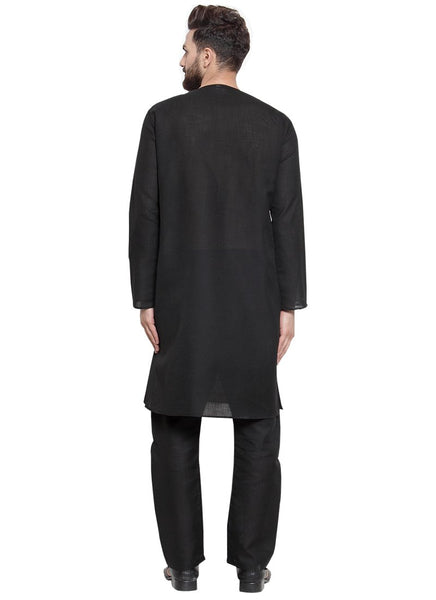 Black Kurta With Aligarh Pajama Set in Linen For Men by Treemoda